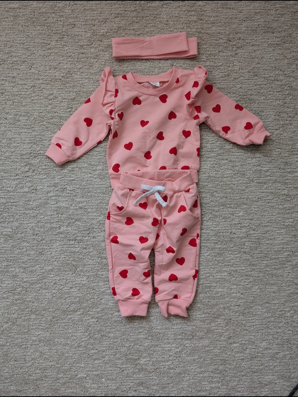Baby Pink Heart-Print Sweat Suit Set with Headband